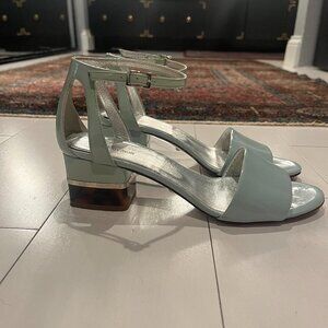 Roberto Cavalli Pale Blue Patent Leather Sandals with Tortoiseshell Heels